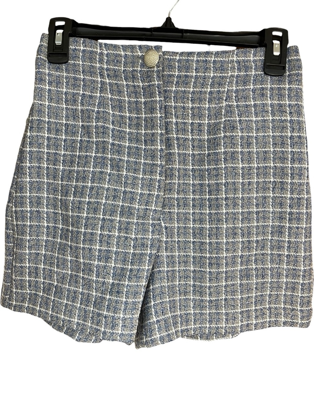 Zara Windowpane Plaid Tweed Shorts Blue White
